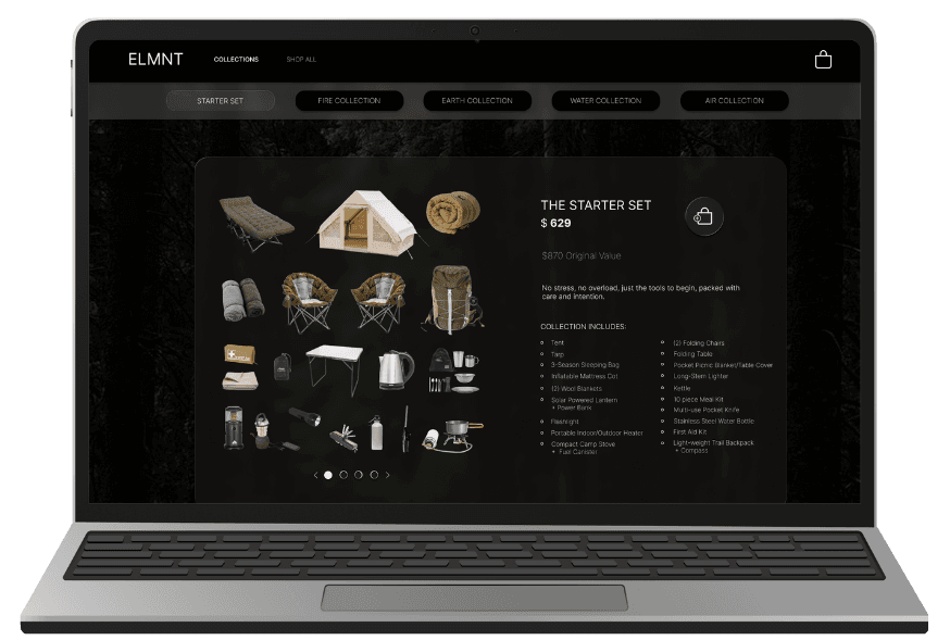 ELMNT camping website homepage mockup