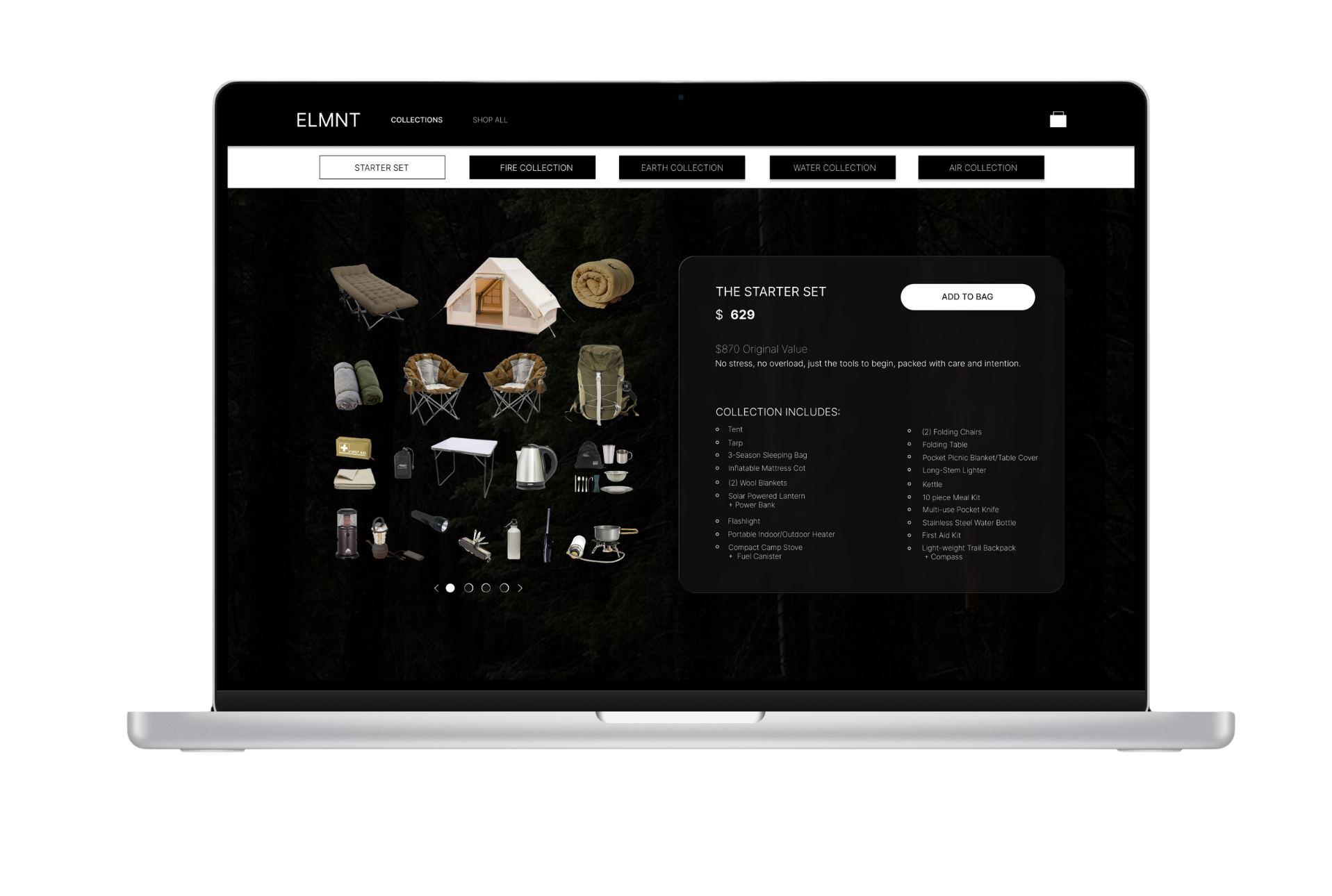 ELMNT camping website homepage mockup